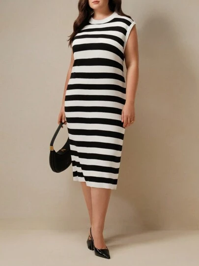 BizChic Plus Size Striped Sleeveless Crew Neck Sweater Dress, Casual & Fashionable For Everyday Wear