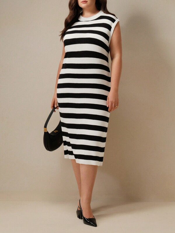 BizChic Plus Size Striped Sleeveless Crew Neck Sweater Dress, Casual & Fashionable For Everyday Wear