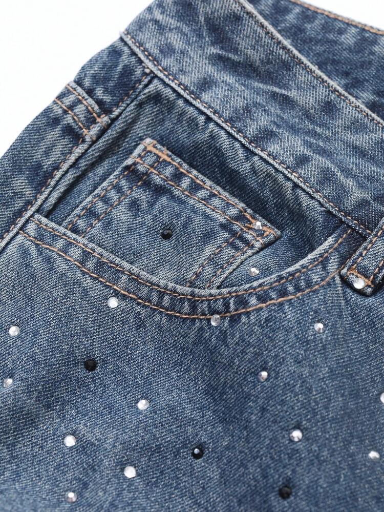 Women's Rhinestone Front Button Pocket Casual Simple Baggy Jeans Sequin