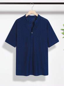 SHEIN 1 件青少年男孩纯色 V 领短袖休闲编织衬衫，适合夏季和春季穿着，青少年男孩服装，青少年男孩返校夹克 - 藍色 - 查看 6