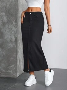 SHEIN Essnce Falda vaquera de línea A con bolsillo delantero liso, botones y bajo con abertura casual para mujer