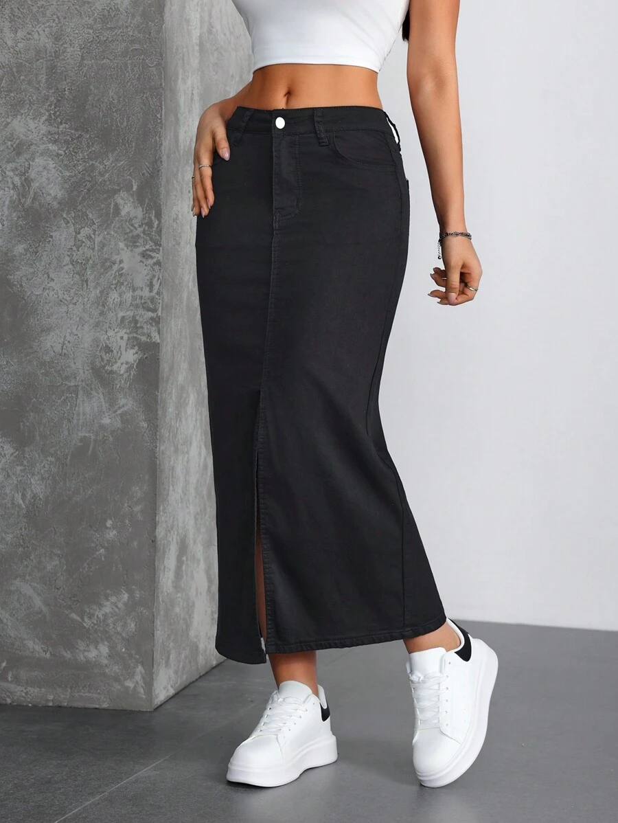 SHEIN Essnce Falda vaquera de línea A con bolsillo delantero liso, botones y bajo con abertura casual para mujer