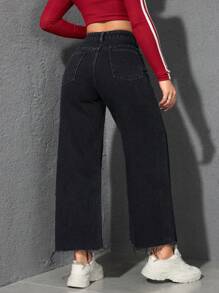 SHEIN PETITE 女士时尚休闲斜插口袋毛边阔腿牛仔裤 - 黑色 - 查看 3