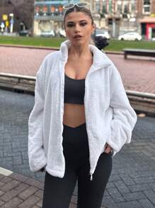 RueChic Women's Solid Color Long Sleeve Zip-Up Sherpa Collar Casual Regular Jacket, Autumn/Winter - White - View 5