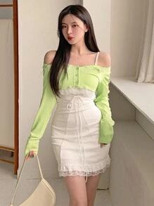 DAZY Women Off Shoulder Cover Up & Mid-Length Dress 2 Pieces Dress Set,Mini Dress - White - View 6