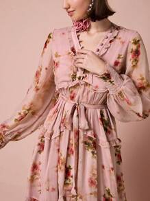 Enchnt Women's Romantic Floral Print Front Tie Ruffle Decoration Lantern Long Sleeve Dress,For Romantic Dinner Dates,Holiday Dresses,Vacation Dresses,Valentine's Day - Pink - View 3