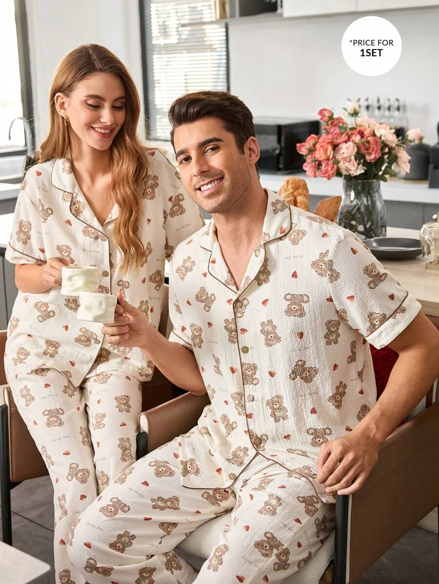 Cartoon Bear Print Men's Pajama Set - Apricot - View 1
