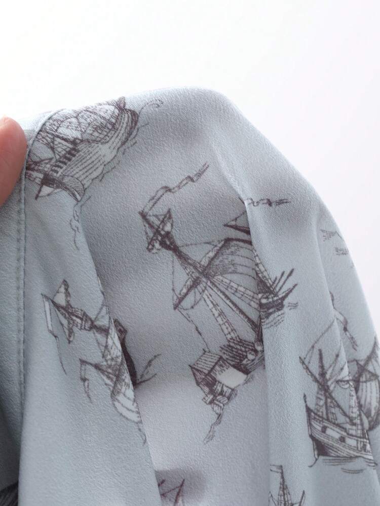 Exclusive Elegant & Graceful Lapel Boat Print Women Shirt Long Sleeve Top