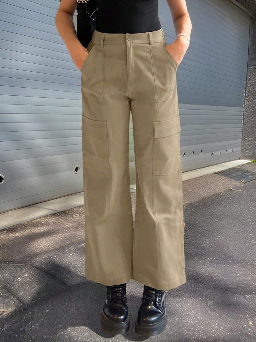 SHEIN EZwear 側翻蓋口袋工裝褲 - 卡其色 - 查看 1
