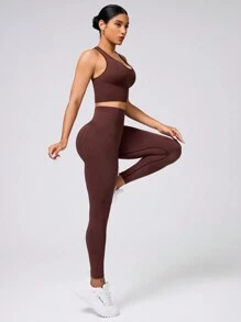 Women's Casual Round Neck Sleeveless Top And Long Pants Sports Suit Set Gym Set Workout Women Setwomen Workout Set - Coffee Brown - View 4