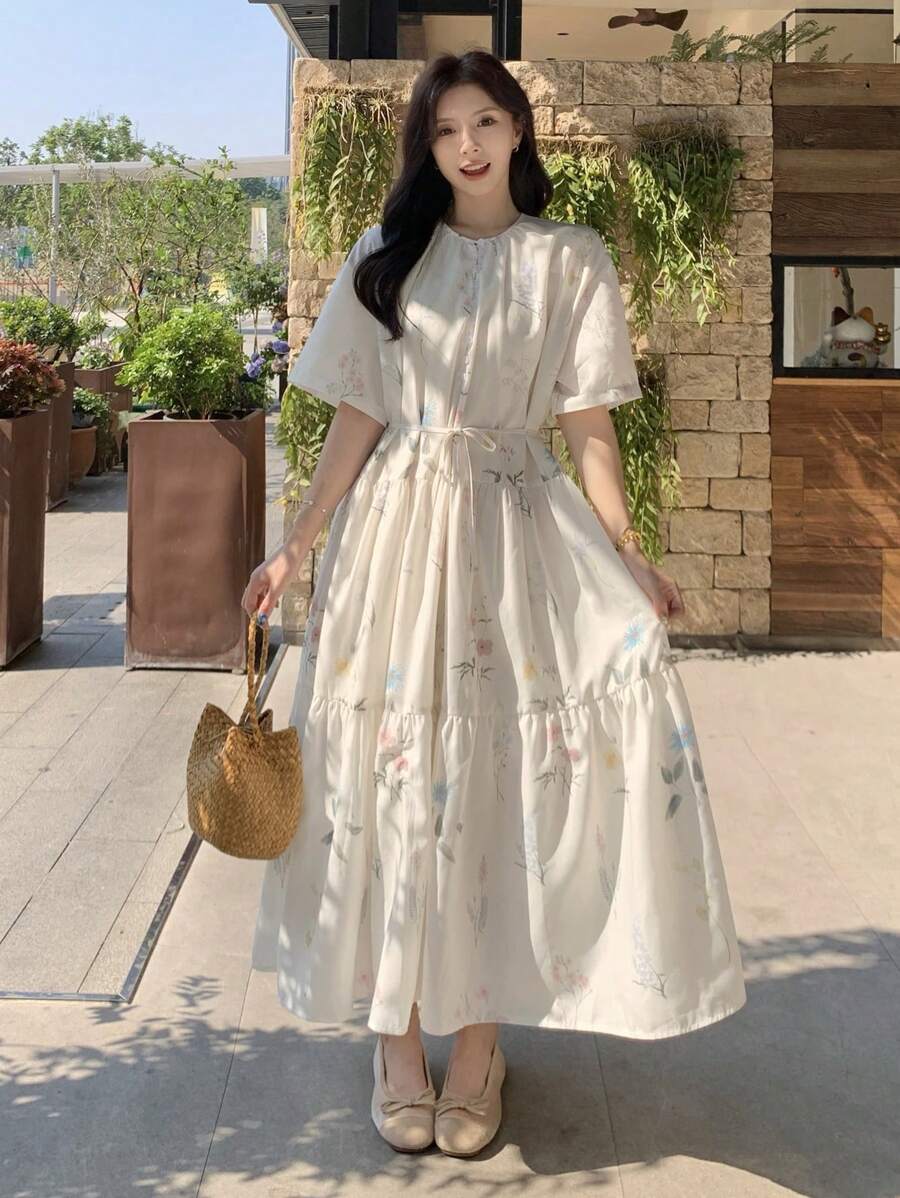 FRIFUL Damen Midi-Länge Ditsy Floral Kurzarm Lässig Kleid, einfach und modisch für den täglichen Gebrauch - Weiss - Übersicht 1