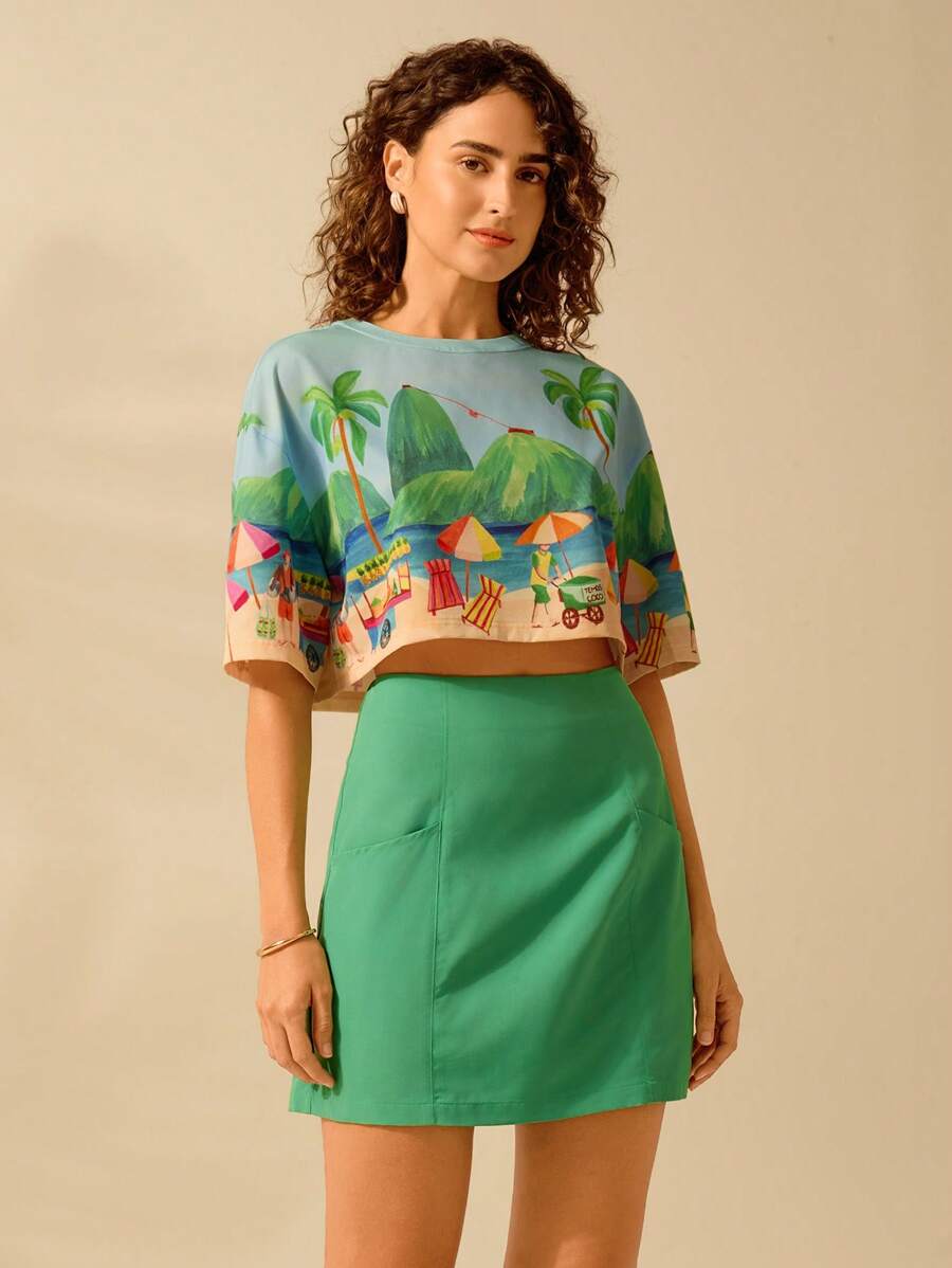 CAJUNI Women's Boho Tropical Beach Print Casual Loose Cropped Top, Summer Round Neck - Multicolor - View 1