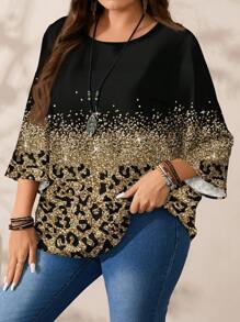 EMERY ROSE Blusa de manga 3/4 con cuello redondo, de corte holgado, con estampado completo de leopardo y lámina dorada para mujer de talla grande
