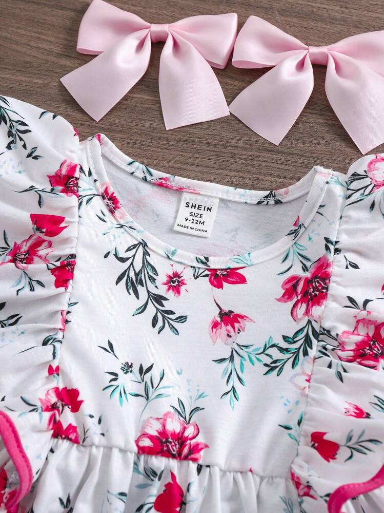SHEIN Bộ 2 món áo thun dệt kim họa tiết hoa nhún bèo viền ren và quần dài cho bé gái, kỳ nghỉ hè - Nhiều màu - Xem 5