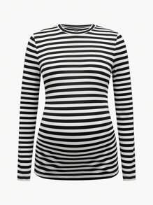 SHEIN 3pcs/Set Maternity Casual Cropped Long Sleeve Round Neck Simple Pattern T-Shirts, Autumn Knit - Khaki - View 6