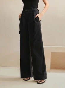 Anewsta Pantalones cargo casuales de mujer, pantalones rectos de alta calidad con cintura elástica y pliegues