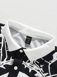ROMWE MEN Goth Men's All Over Printed Short Sleeve Polo Football Jersey Style Shirt, Suitable For Everyday Wear, Spring/Summer