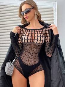 1 Stück Damen Sexy Dessous, Klassischer Sexy Bodysuits, hochelastisches halbtransparentes körperbetontes Netzkleid mit Ärmeln, geeignet für Nachtclub, Party, Club