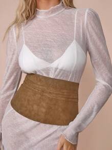 COSMINA Women's Cream Knitted Jacquard Long Sleeve Turtleneck Sweater Dress With Chocolate Brown Waistband, Autumn/Winter