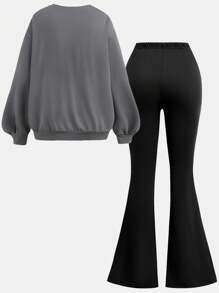 Girlism Teen Girls Solid Color Portrait Cartoon Graphic Sweatshirt Top And Flared Heart Print Casual Pants 2 Pieces Outfit Set - Black - View 2