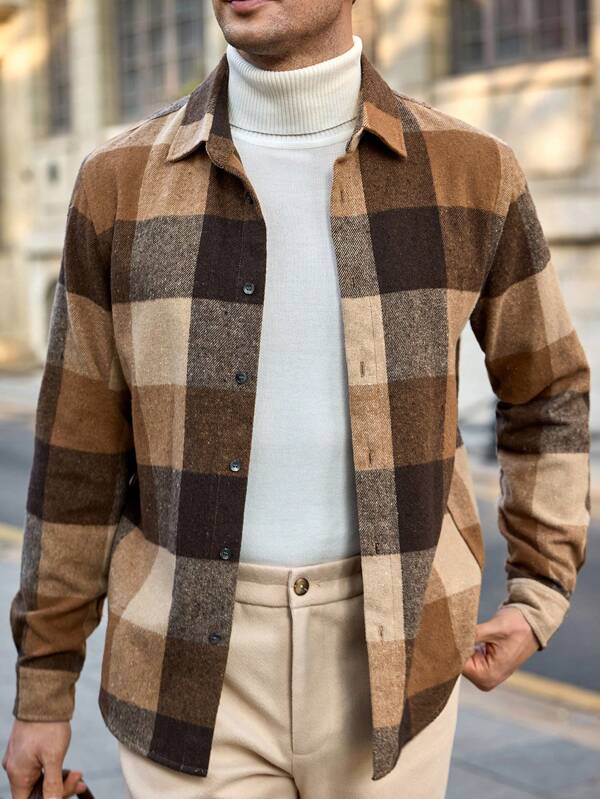 Manfinity Basics Men's Woven Slim Fit Casual Plaid Shacket, Suitable For Daily Wear