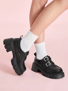 CUCCOO DOLLMOD Women's Black Round Toe Thick Sole 6cm Chunky Heel Double Strap Metal Buckle Design Daily Fashion Versatile Mary Jane PU Flats For Christmas And New Year Holiday Vibe Fall And Winter - Black - View 4