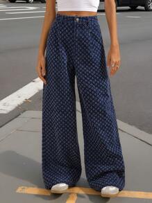 Forever 21 Women's All-Over Pattern Wide Leg Loose Casual Versatile Jeans - Blue - View 2