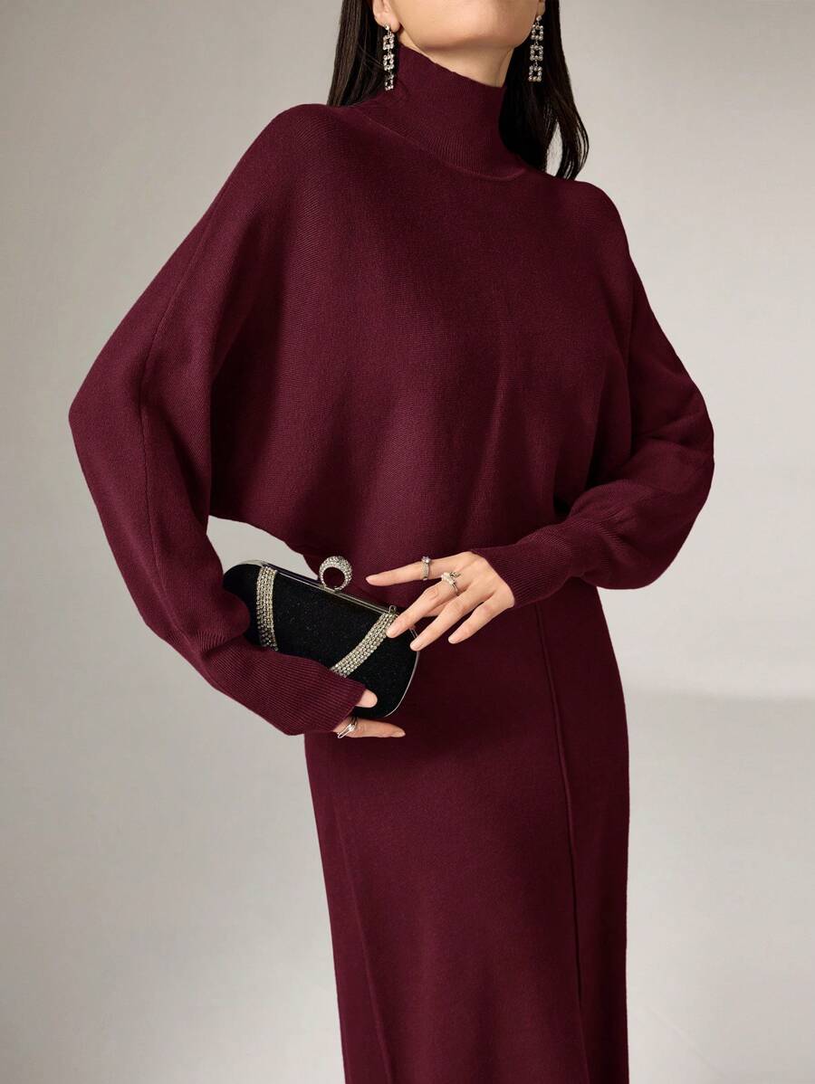 Modelyn 2 件套女士纯色立领长袖衬衫和裙子套装秋冬 2 件套 - 酒紅色 - 查看 1