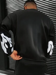 Men's Casual Fashion Crew Neck Loose Fit Flame Print Sweatshirt - Black - View 2