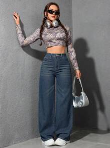 SHEIN ICON 牛仔休闲长裤，简约时尚，适合日常穿着 - 深色水洗藍 - 查看 5