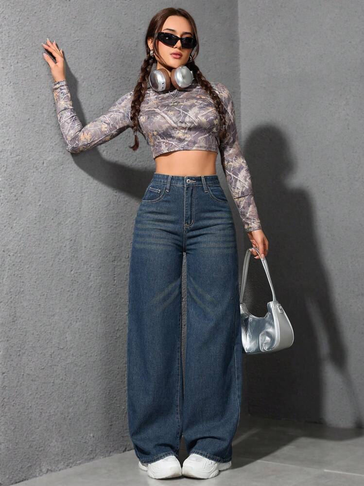 SHEIN ICON Calça Longa Casual de Denim, Minimalista e Fashionavel, Para Uso Diário - Lavagem escura - Visão 5