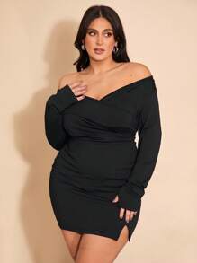 SHEIN BAE Plus Size Damska Czarna Sukienka Z Długim Rękawem I Dekoltem W Serek, Seksowna I Elegancka Sukienka Na Randki, Imprezy, Święta, Strój Na Mardi Gras, San Valentin, Wielkanoc, Prezenty Na Walentynki, Dopasowana, Prosta Sukienka, Podstawowa Sukienka Damska, Sukienki Damskie W Stylu Zachodnim, Sukienka Letnia, Obcisła Sukienka, Wielkanoc, Ubrania Wiosenne