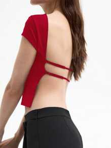 SHEIN EZwear 深红色露背针织女式紧身 T 恤上衣 - 酒紅色 - 查看 5