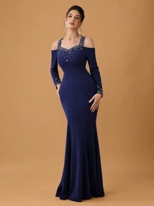 SHEIN Belle فستان سهرة رسمي أنيق للنساء مع حواف حورية البحر المرصعة بالراين، فستان ضيف الزفاف - أزرق بحري - مشاهدة 4