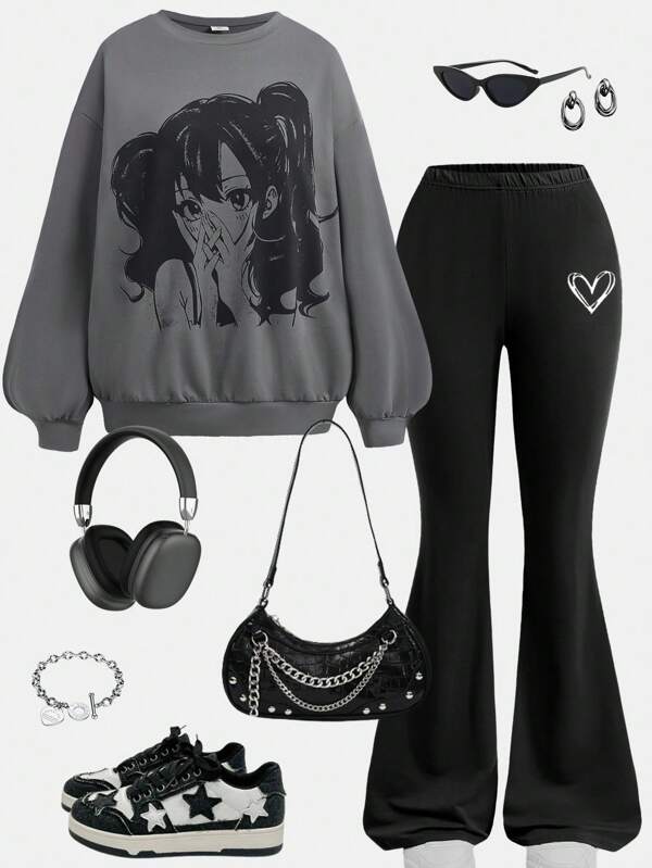 Girlism Zweiteiliges Outfit-Set für Teenager-Mädchen, Sweatshirt-Oberteil mit Cartoon-Grafik und ausgestellter Hose mit Herz-Print Einfarbig