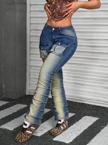 SHEIN PETITE Women's Casual Front Button Multiple Pockets Simple Design Jeans, Daily & Leisure Wear - Blue - View 5