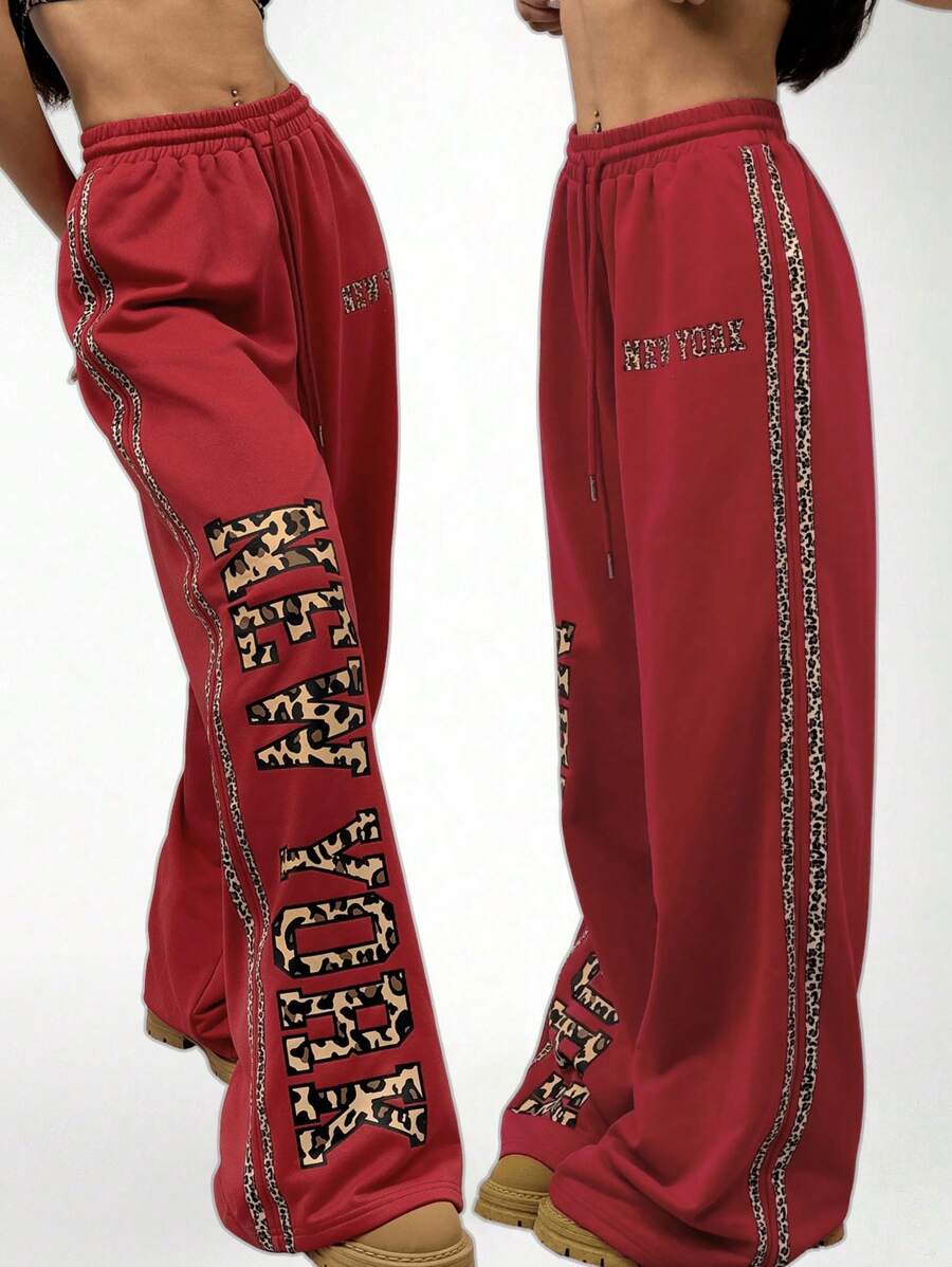 Coolane 女士日常穿着运动休闲新年豹纹宽松直筒裤 - 紅色 - 查看 1