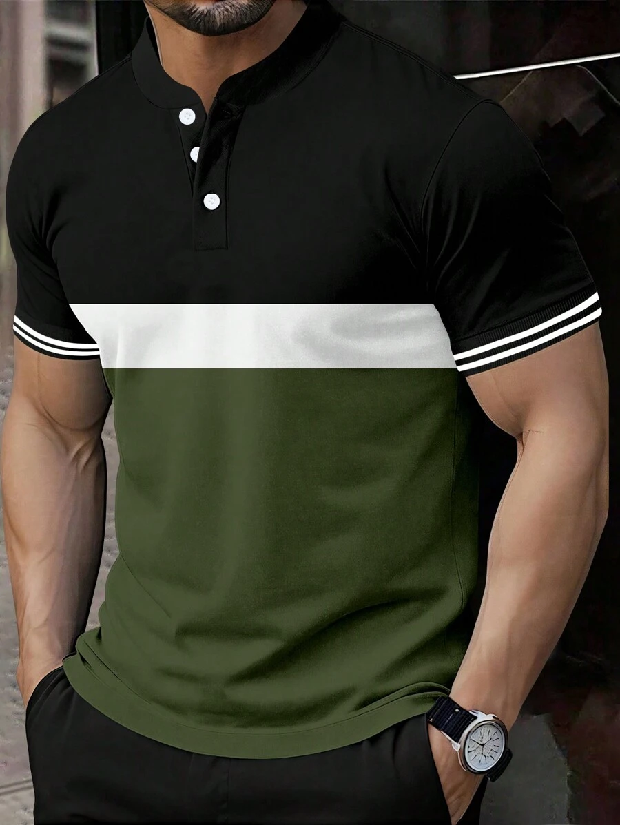 Manfinity Mode Men Summer Color Block Short Sleeve Casual Polo Formal Shirt Button Up Army Green Work Polo Shirt For Husband - Army Green - View 1
