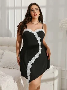 Plus Size Contrast Color Lace Trim Slip Dress