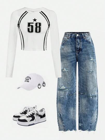 Denimly Tween Girl Y2K Bold, Edgy Ripped Flared Leg Jeans, Streetwear Outdoor Personalized, School Spirit All-Year Versatile Washed Comfortable Denim Fashion Item