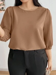 Camisa de manga abullonada de unicolor informal para otoño en tallas grandes - Amarillo - Ver 6