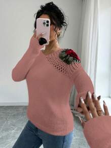 Chiquease 女士纯色拼接简约休闲套头毛衣针织衫秋冬毛衣 - 藕粉色 - 查看 3