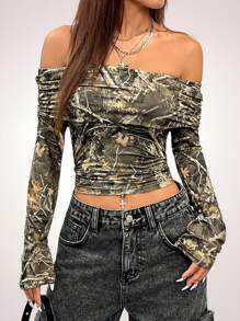 SHEIN EZwear Women's Fall/Winter Y2K Date Night Tree Branch Pattern Off The Shoulder T-Shirt - Army Green - View 1