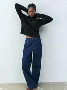 Maija Pull en tricot avec décoration de strass, style urbain chic, élégant, casual et rétro. Pour femme, automne/hiver - Noir - Voir 2