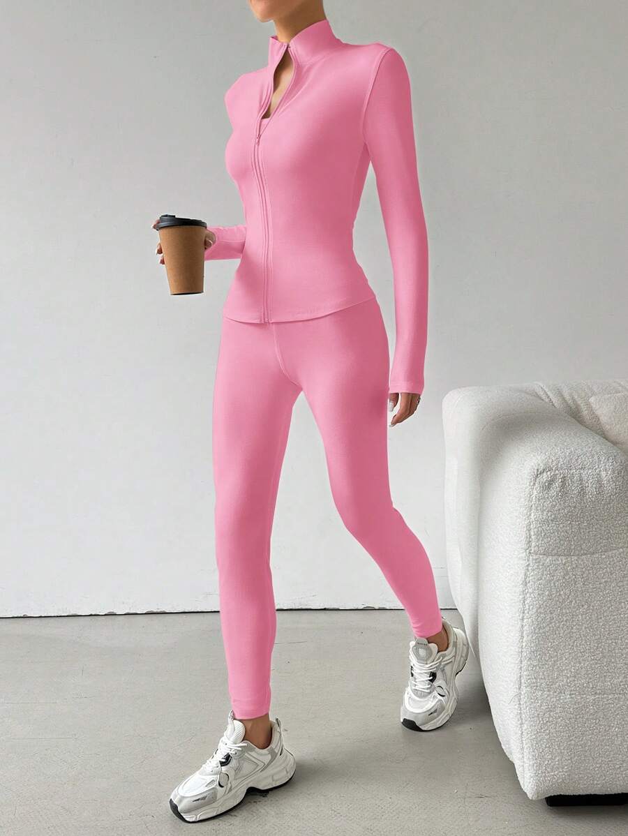 SHEIN EZwear Black Two Pieces Set Sportswear Zip Up Jacket & Leggings - Pink - View 1