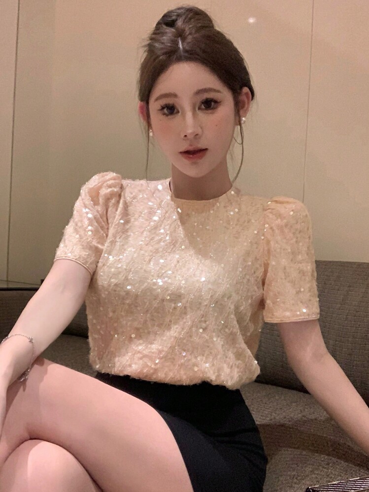 DAZY 女士亮片装饰泡泡袖圆领衬衫，适合度假和约会的闪亮上衣 - 粉色 - 查看 8