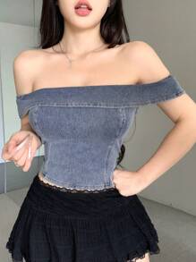 DAZY 女士简约露肩牛仔衬衫，休闲日常穿着 - 中等水洗藍 - 查看 2