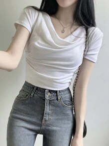 DAZY 女士纯色修身收褶领 T 恤设计夏季