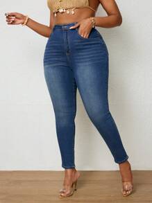 SHEIN EZwear 大碼高腰緊身牛仔褲 - 中等水洗藍 - 查看 4