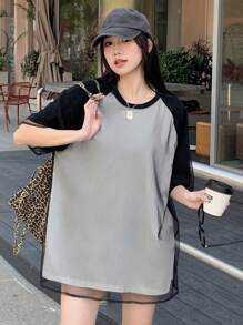 DAZY Women Sheer Mesh Splice Short Sleeve Loose T-Shirt - Black and White - View 3